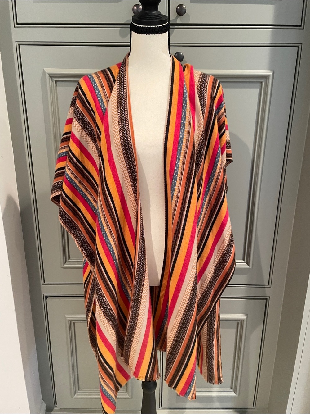 Janice Apparel Striped Ruana Shawl Kimono Cardigan Boho Open Front Wrap Western